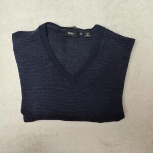 Hugo Boss Sweater Mens XL Blue V-Neck Waffle-Knit Slim Merino Pullover Logo